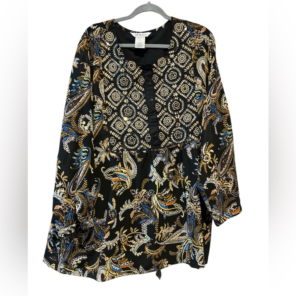 Ulla Popken Tunic 20/22 Sheer Boho Paisley Embroidered Sequins Blouse Whimsigoth